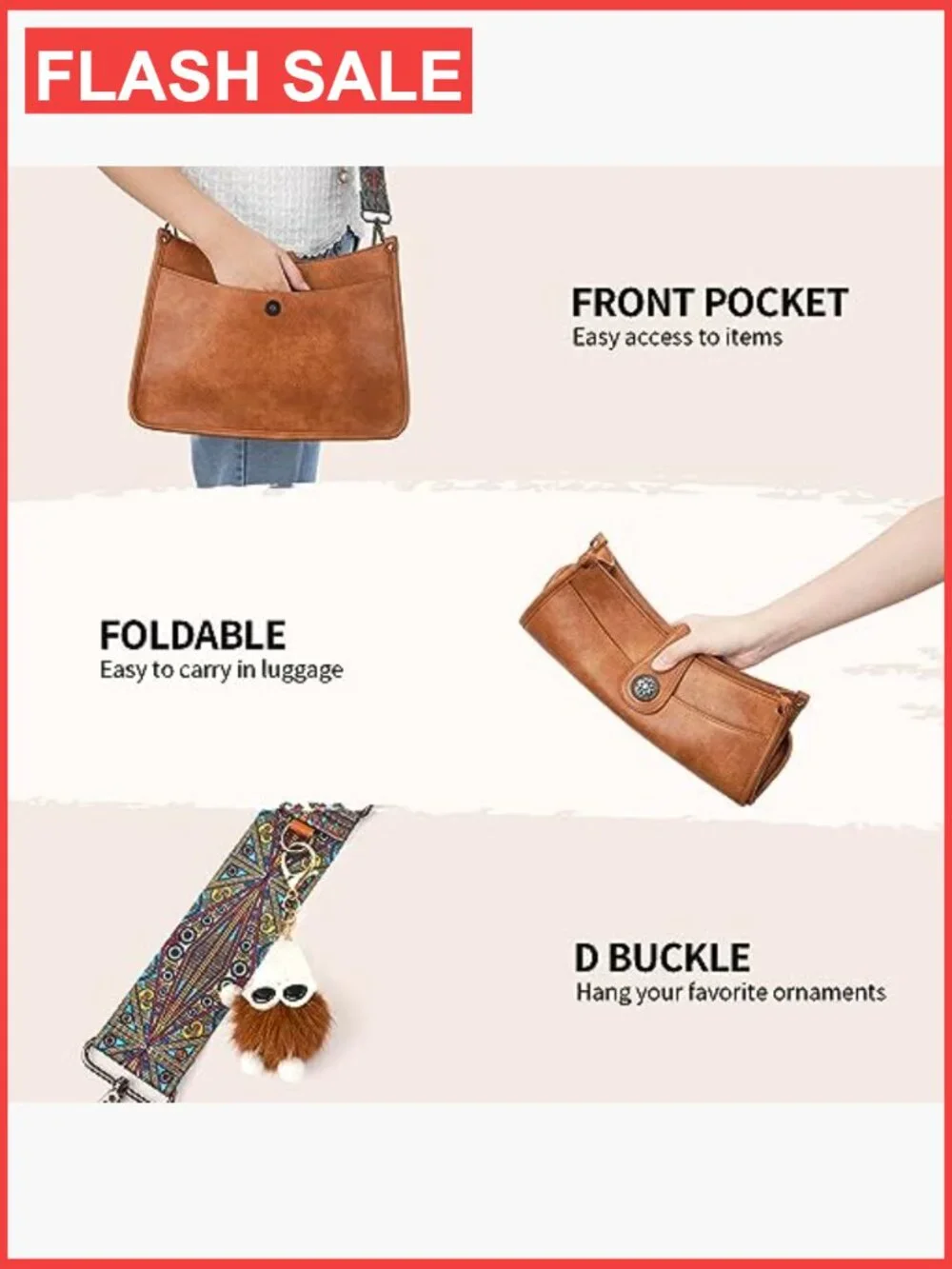 Vegan Leather Hobo Crossbody Bag with 2 Straps
